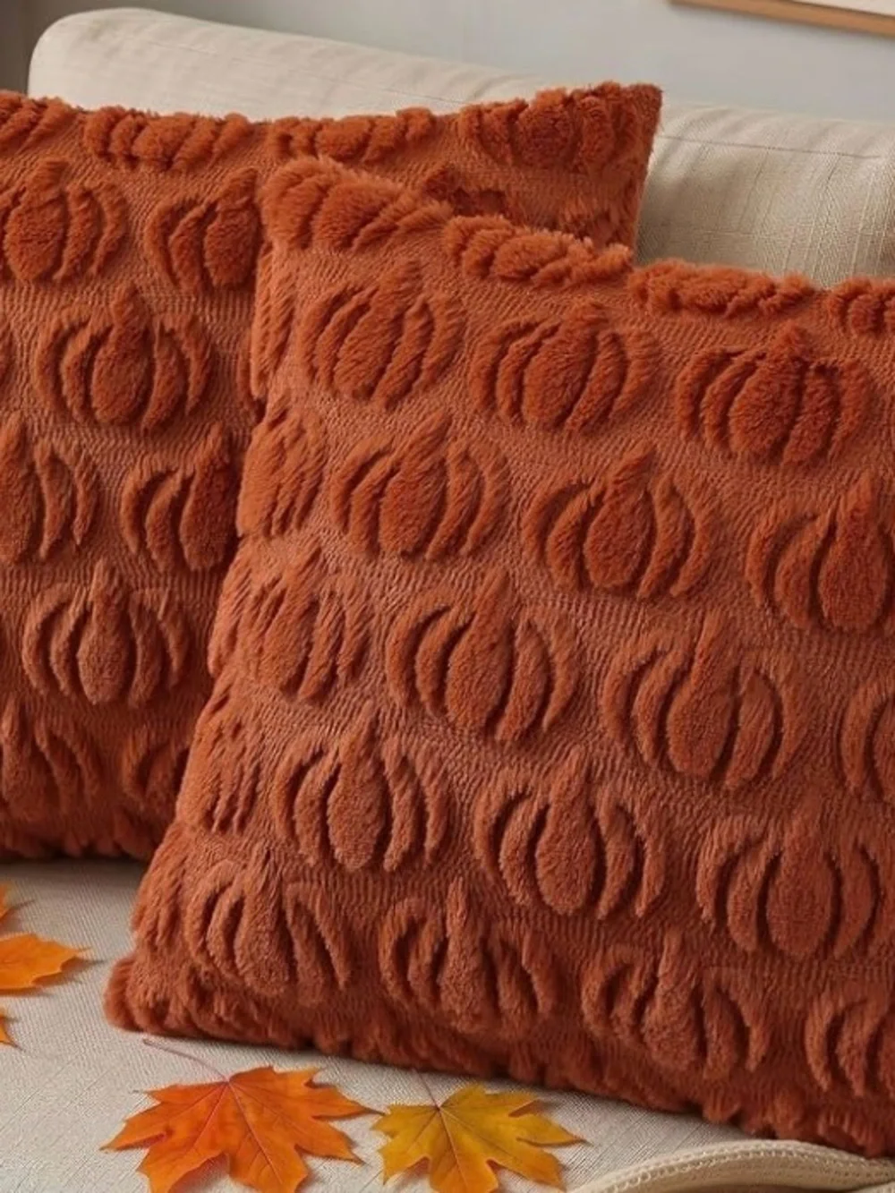 New: 2 Rust Orange Textured Pumpkin Pillow Cases - Home Accents